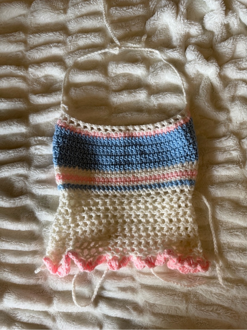 Handmade Crocheted Halter Top in Cream, Blue & Pink